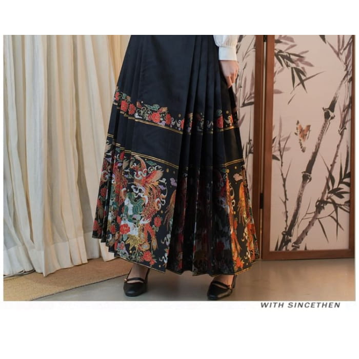 Mock Neck Plain Blouse / Mid Rise Hanfu Patterned Maxi