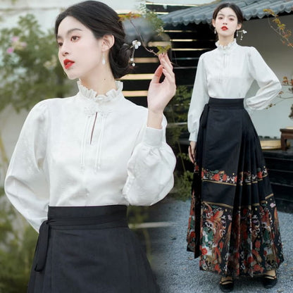 Mock Neck Plain Blouse / Mid Rise Hanfu Patterned Maxi