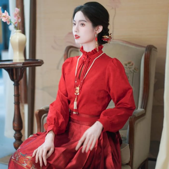 Mock Neck Plain Blouse / Mid Rise Hanfu Patterned Maxi