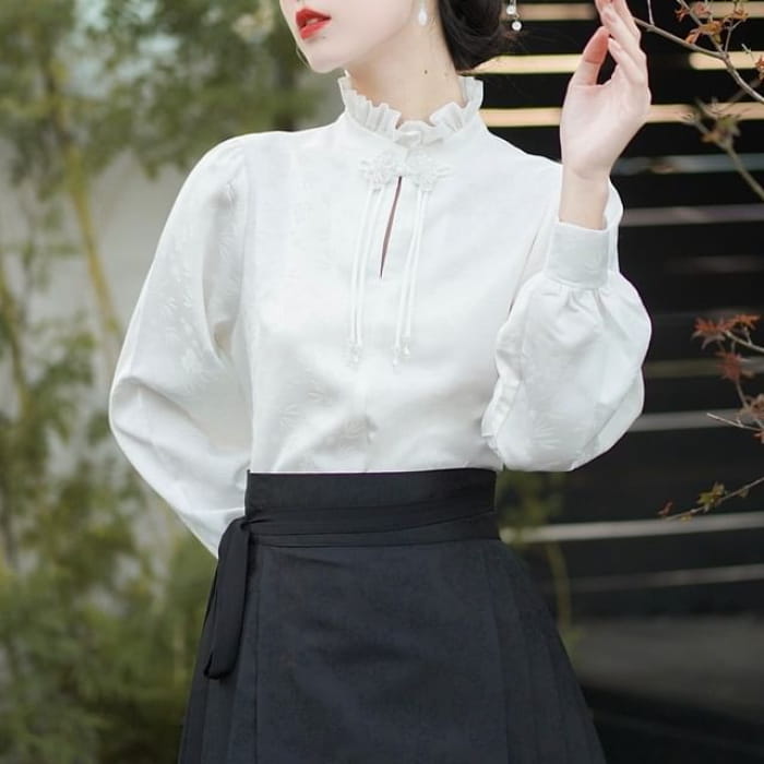 Mock Neck Plain Blouse / Mid Rise Hanfu Patterned Maxi