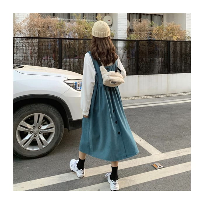 Mock Neck Plain Sweatshirt / Square Midi A-Line Overall