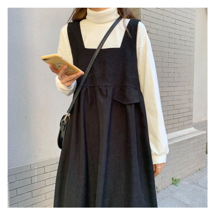 Mock Neck Plain Sweatshirt / Square Midi A-Line Overall