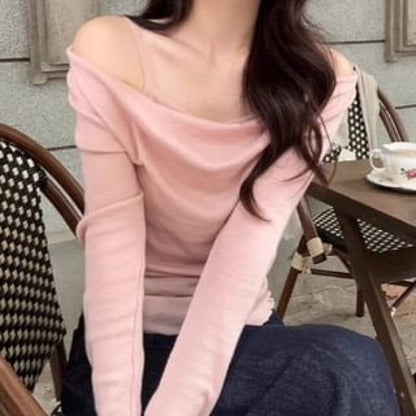 Mock Two-Piece Long-Sleeve Cold Shoulder Plain Knit Top