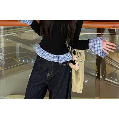 Mock Two-Piece Long-Sleeve Plaid Hem Top - Clothing