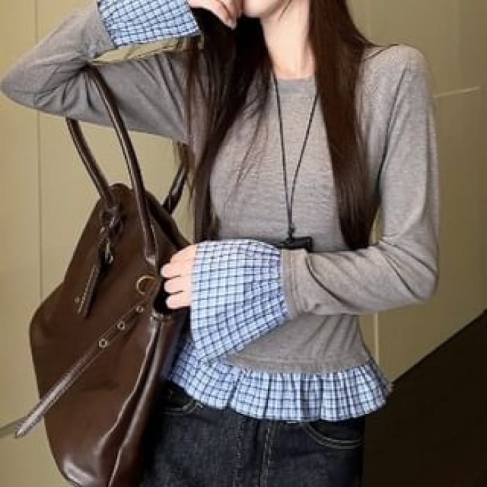 Mock Two-Piece Long-Sleeve Plaid Hem Top - Gray / S