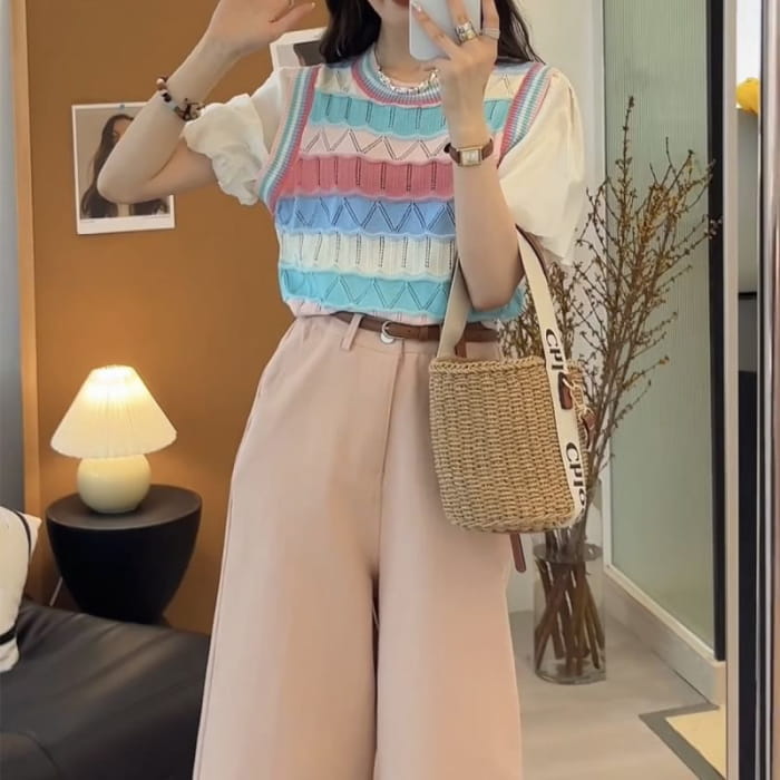 Mock Two-Piece Short-Sleeve Crewneck Striped Knit Top