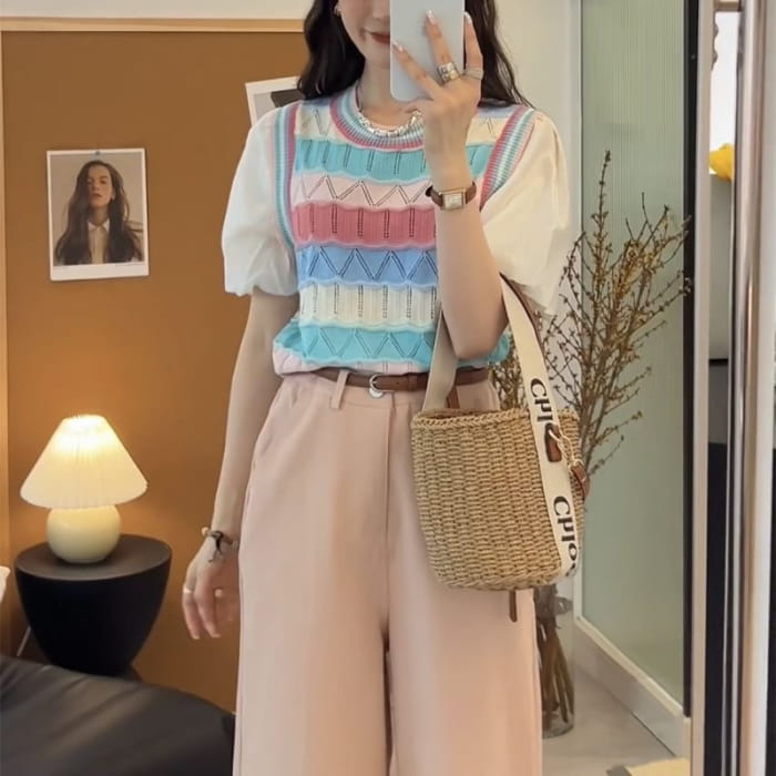 Mock Two-Piece Short-Sleeve Crewneck Striped Knit Top