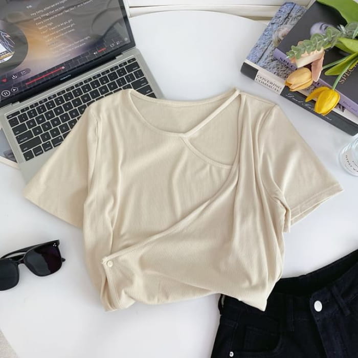 Mock Two-Piece Short-Sleeve Plain Asymmetrical Cutout Tee