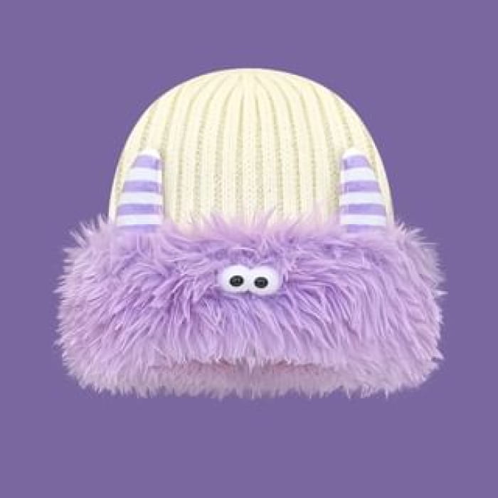 Monster Chenille Knit Beanie - Purple & Beige / One Size