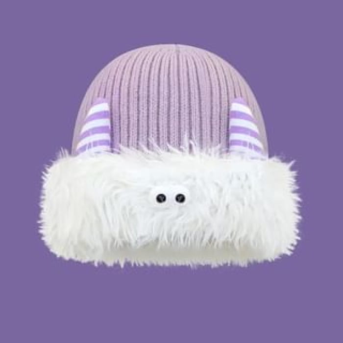 Monster Chenille Knit Beanie - White & Purple / One Size