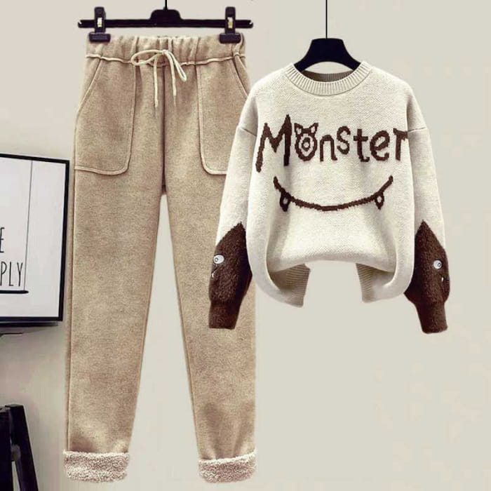 Monster Letter Sweater Fleece Vest Casual Pants Set
