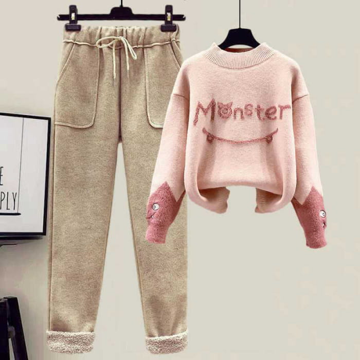 Monster Letter Sweater Fleece Vest Casual Pants Set - Pink