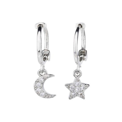 Moon / Star Alloy Drop Earring - 1 Pair - & - Silver