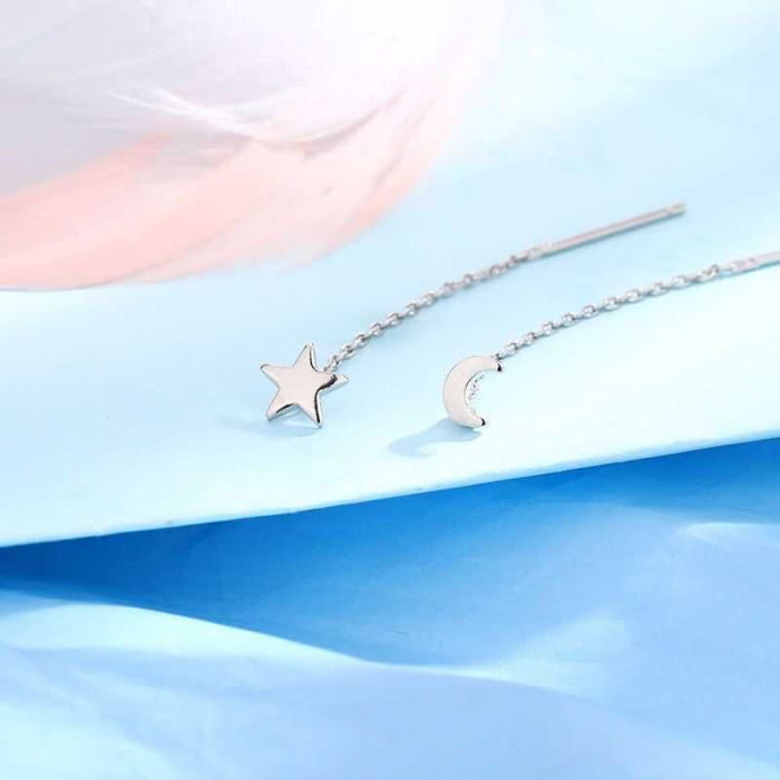 Moon & Star Asymmetrical Alloy Threader Earring