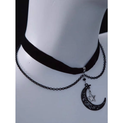 Moon Star Pendant Black Velvet Choker - Free Size