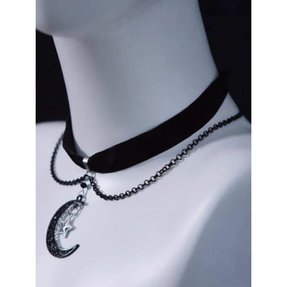 Moon Star Pendant Black Velvet Choker - Free Size