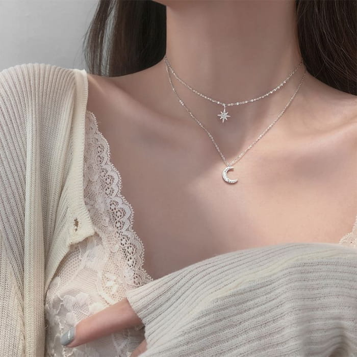 Moon & Star Pendant Layered Alloy Choker