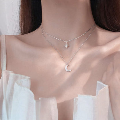 Moon & Star Pendant Layered Alloy Choker