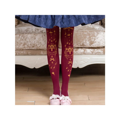 Moon-Star Printed Velvet Lolita Tights - Claret red