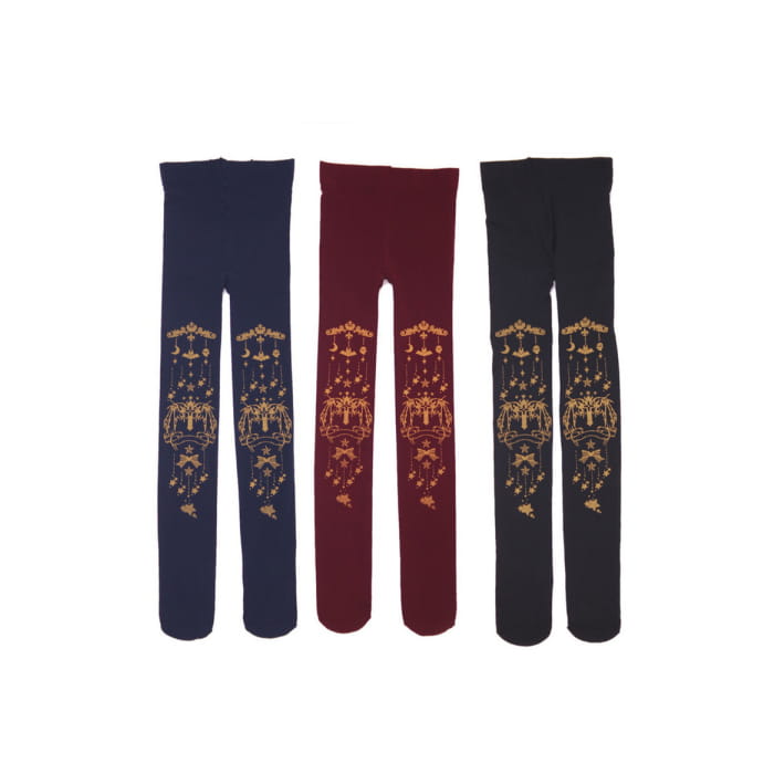 Moon-Star Printed Velvet Lolita Tights - Navy blue