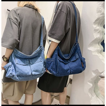 Multi-Pocket Denim Crossbody Bag