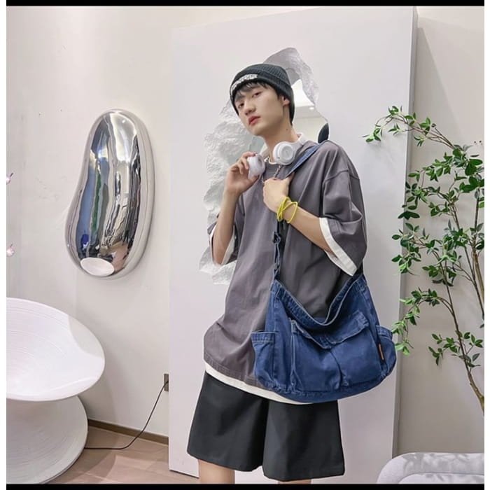 Multi-Pocket Denim Crossbody Bag