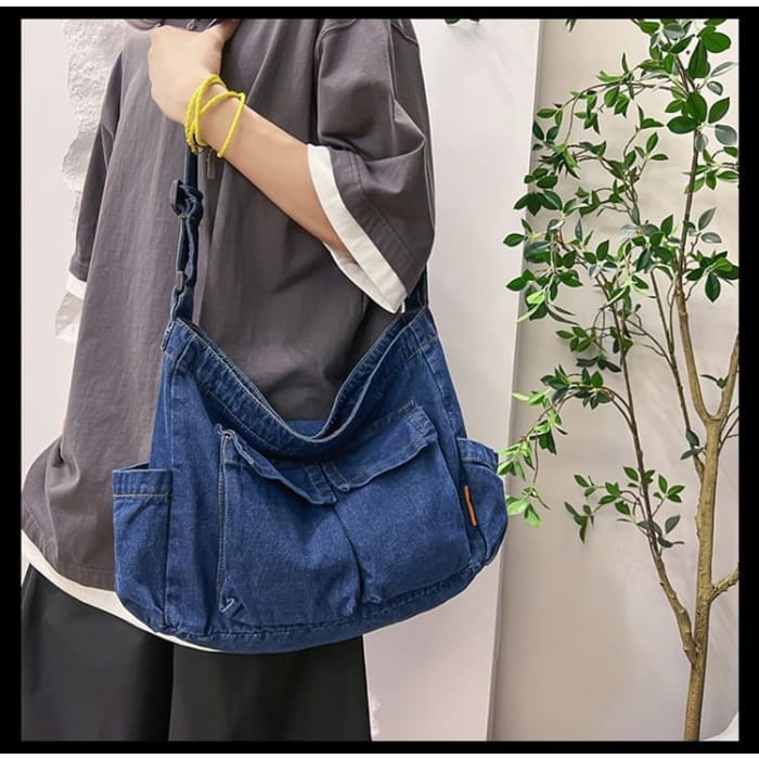 Multi-Pocket Denim Crossbody Bag