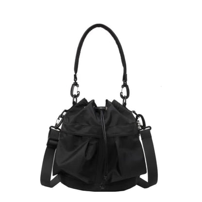 Multi-Pocket Drawstring Bucket Bag - Black / One Size