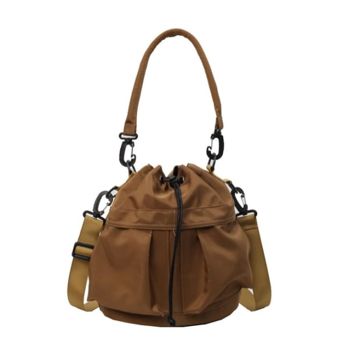 Multi-Pocket Drawstring Bucket Bag - Brown / One Size