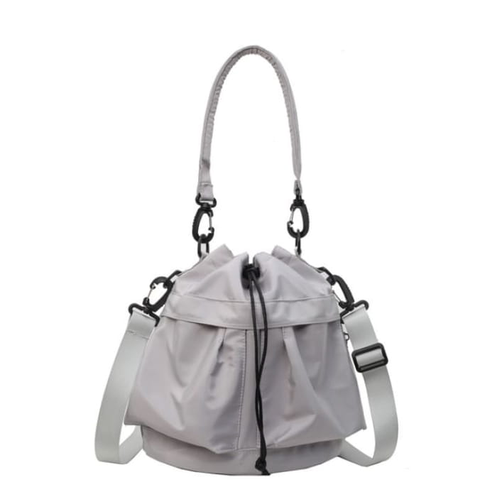 Multi-Pocket Drawstring Bucket Bag - Gray / One Size