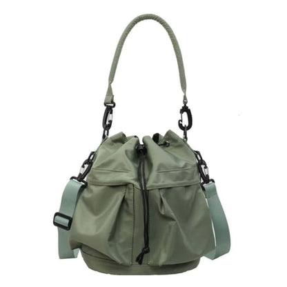 Multi-Pocket Drawstring Bucket Bag - Green / One Size