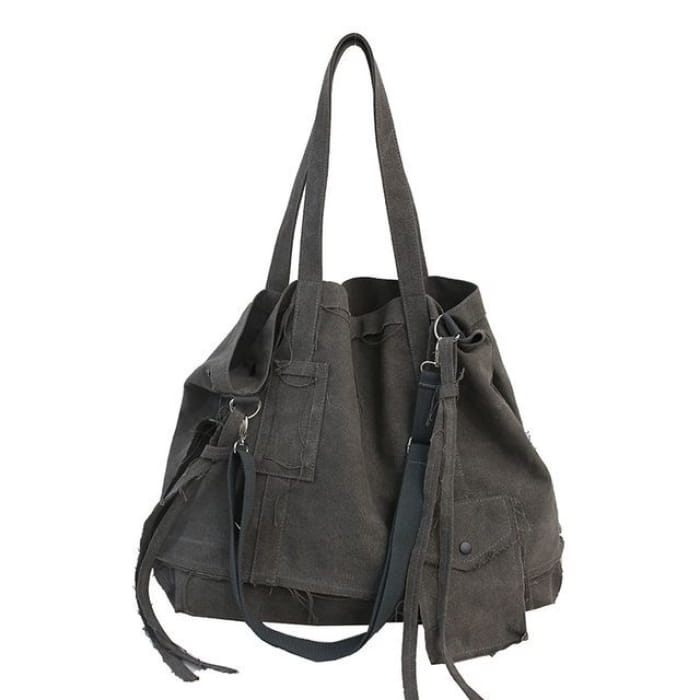 Multi-Pocket Frayed Crossbody Bag - Dark Gray / One Size