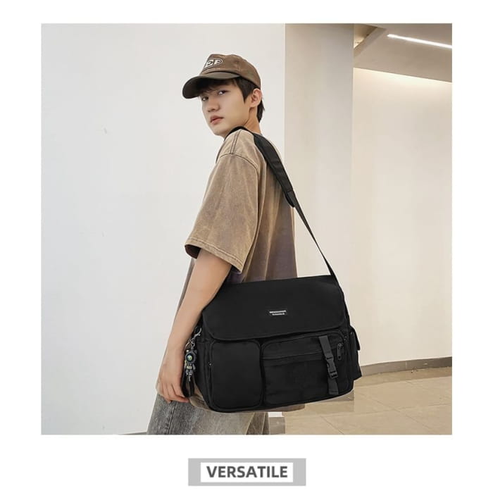 Multi-Pocket Mesh Panel Messenger Bag / Charm / Set