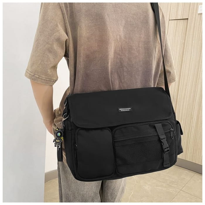 Multi-Pocket Mesh Panel Messenger Bag / Charm / Set