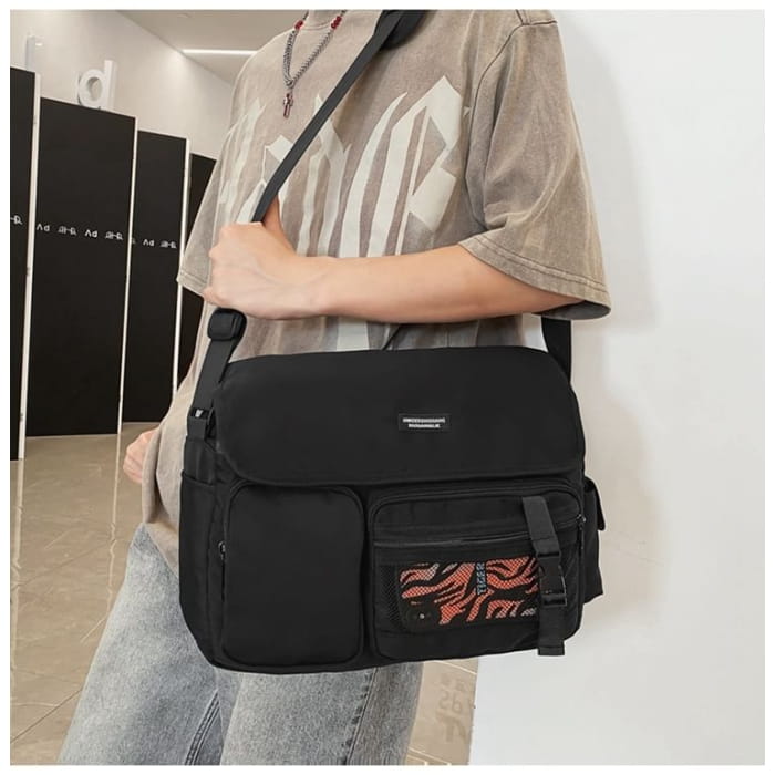 Multi-Pocket Mesh Panel Messenger Bag / Charm / Set