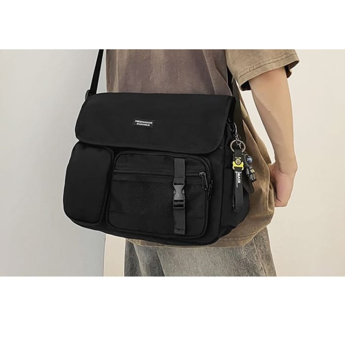 Multi-Pocket Mesh Panel Messenger Bag / Charm / Set