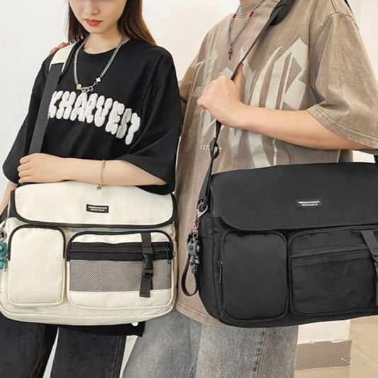 Multi-Pocket Mesh Panel Messenger Bag / Charm / Set