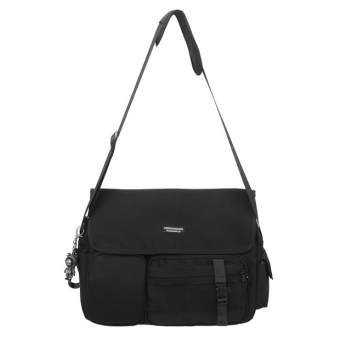 Multi-Pocket Mesh Panel Messenger Bag / Charm / Set - Black