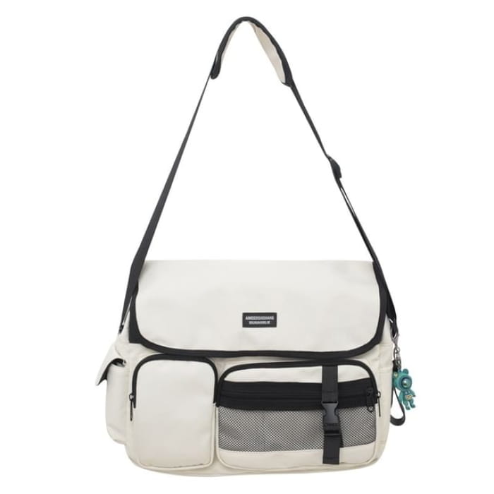 Multi-Pocket Mesh Panel Messenger Bag / Charm / Set - White