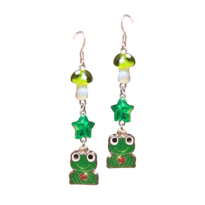 Mushroom with Frog Earrings - Standart / Green - earrings