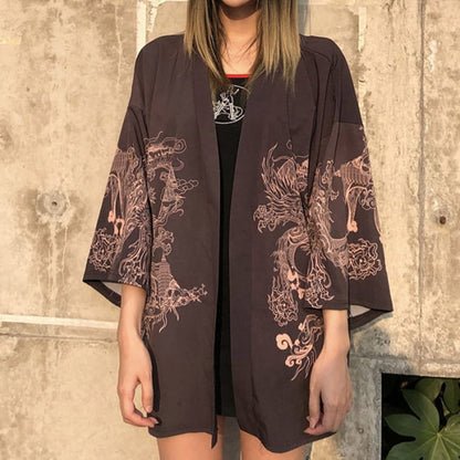 Mysterious Dragon Print Kimono Outerwear