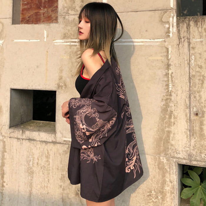 Mysterious Dragon Print Kimono Outerwear