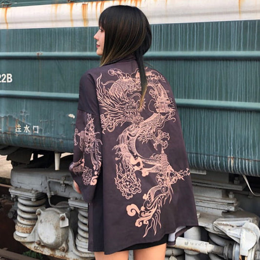 Mysterious Dragon Print Kimono Outerwear - Purple / One Size