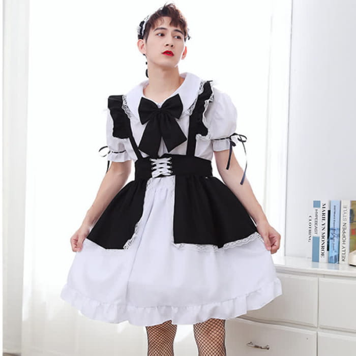 Neutral Lace Up Ruffled Maid Dress With Bow Tie