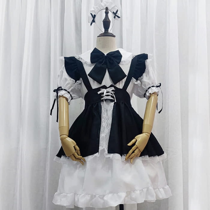 Neutral Lace Up Ruffled Maid Dress With Bow Tie - Black / S