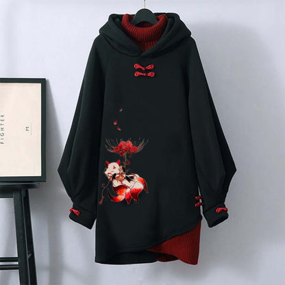 Nine-tailed Fox Flower Vintage Hooded Sweatshirt Dress