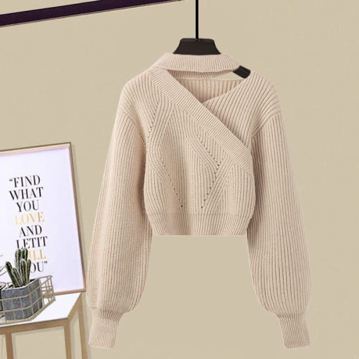 Oblique Elegant Sweater Flouncing Slip Dress - Apricot