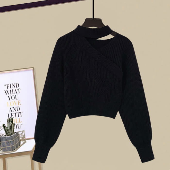 Oblique Elegant Sweater Flouncing Slip Dress - Black