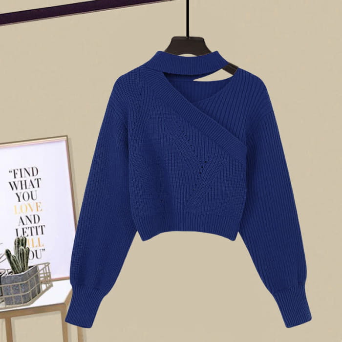Oblique Elegant Sweater Flouncing Slip Dress - Blue