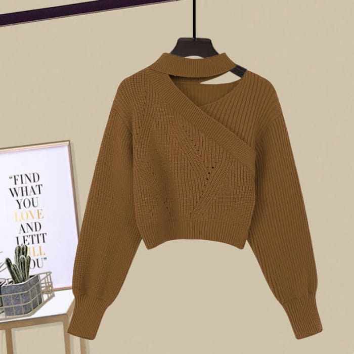 Oblique Elegant Sweater Flouncing Slip Dress - Coffee